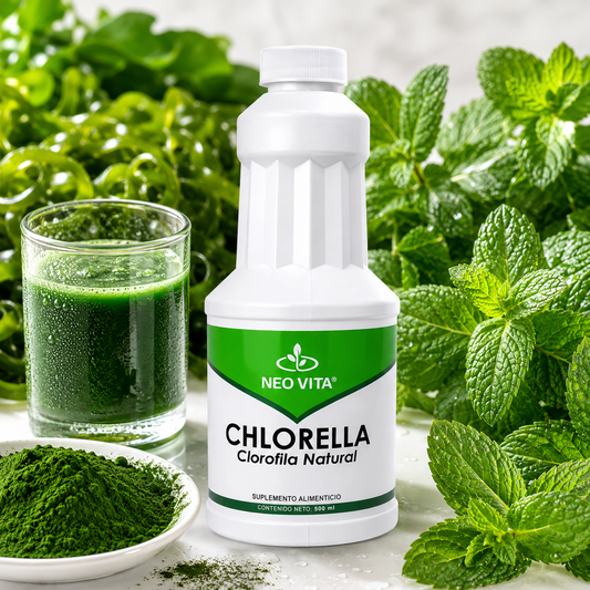 CHLORELLA NEOVITA con alga chlorella, clorofila y hojas de menta sobre superficie blanca