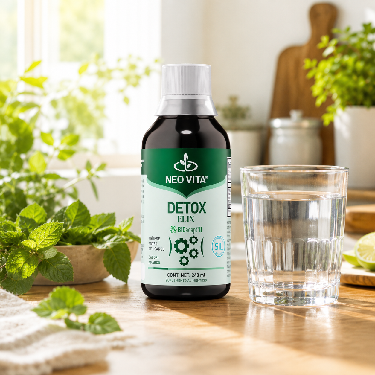 DETOX ELIX NEOVITA sobre mesa de cocina con vaso de agua, rutina detox matutina