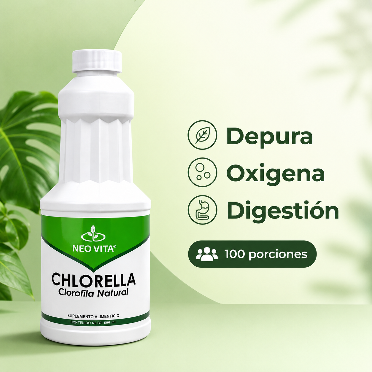 CHLORELLA NEOVITA con beneficios: depura, oxigena y mejora la digestión, 100 porciones