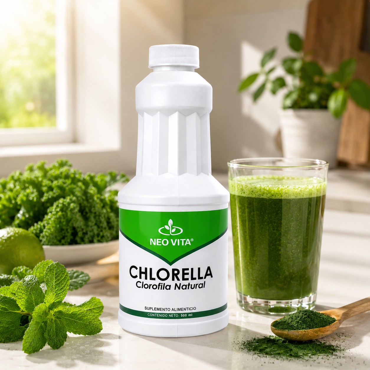 CHLORELLA NEOVITA en cocina con vaso de bebida verde, ritual detox de clorofila