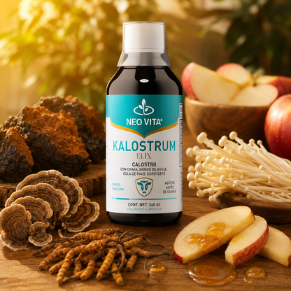 KALOSTRUM ELIX NEOVITA rodeado de hongos chaga, cordyceps y cola de pavo con miel